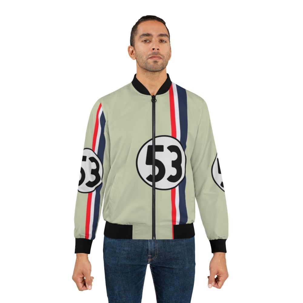 Retro bomber jacket featuring Herbie the Love Bug, a classic Volkswagen Beetle from the Disney film - Lifestyle