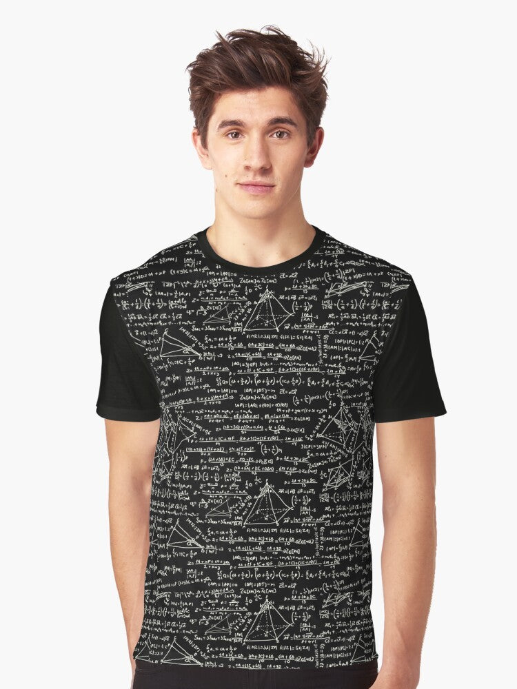 Graphic t-shirt featuring mathematical equations and symbols, ideal for math enthusiasts. - Men