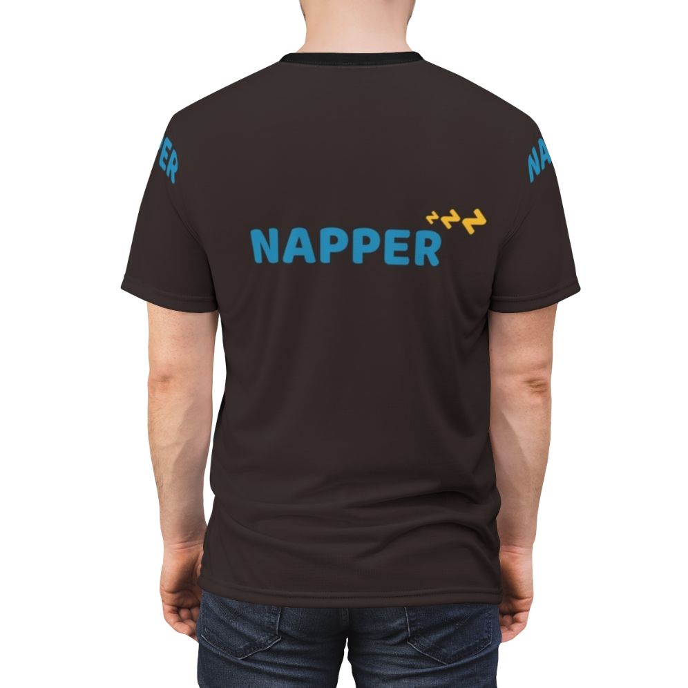 A comfortable all-over print t-shirt featuring the text "Naps Fix Everything Hobbies Include Napping" - men back