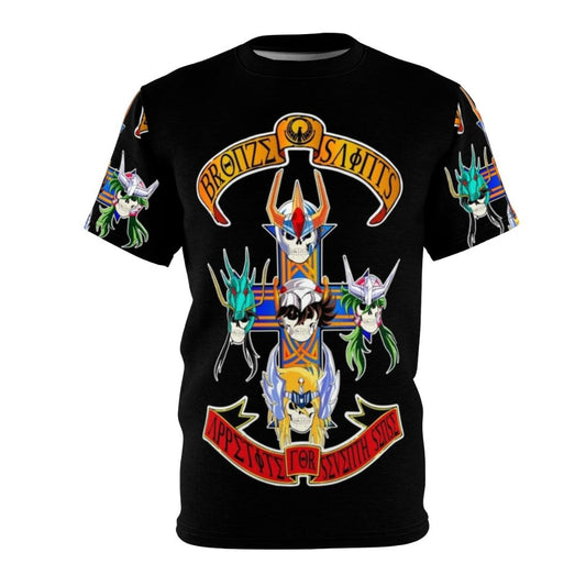 Anime-inspired t-shirt featuring zodiac knights, phoenix, and pegasus characters - a Saint Seiya-themed design