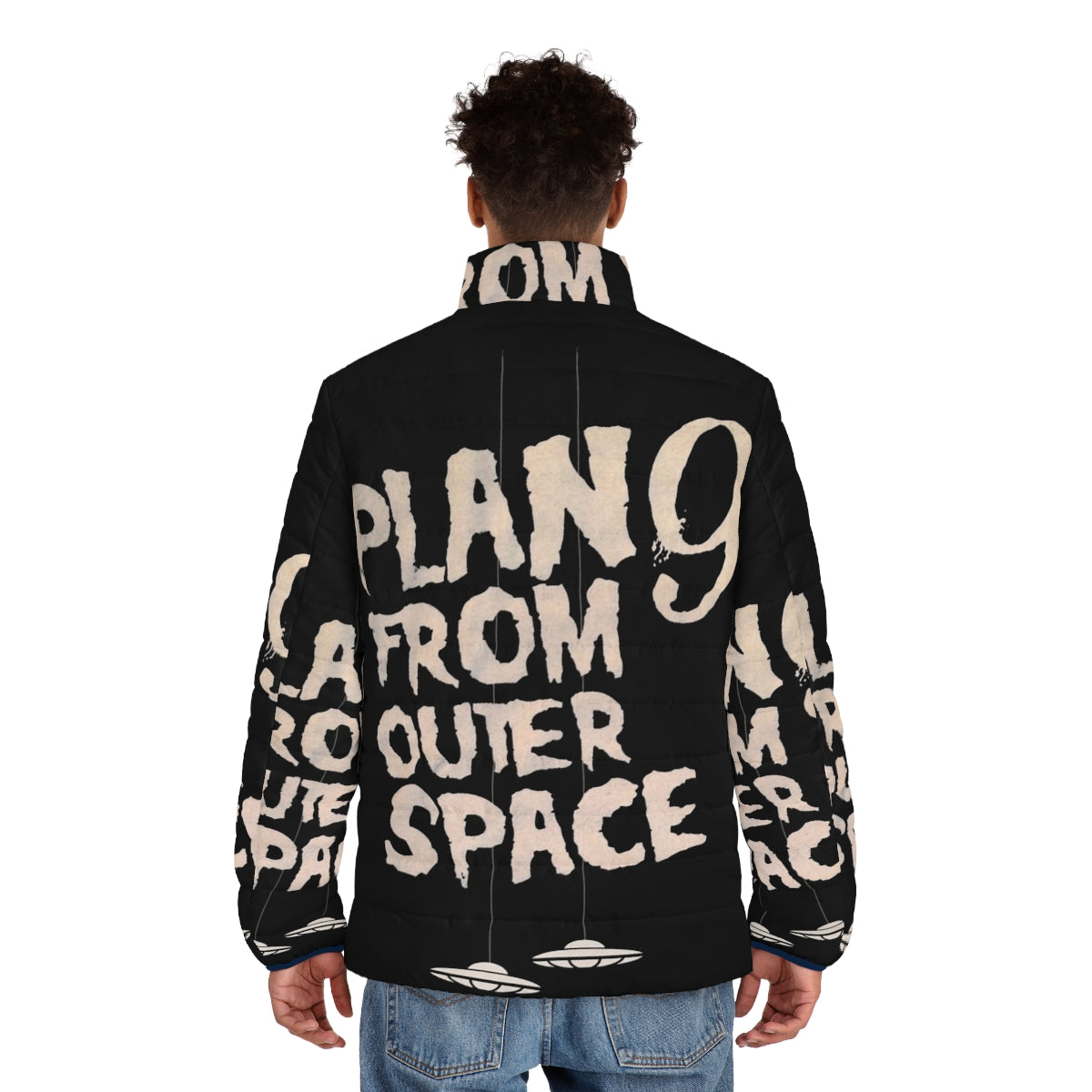 Vintage-inspired Plan 9 From Outer Space puffer jacket with sci-fi cult movie graphics - men back