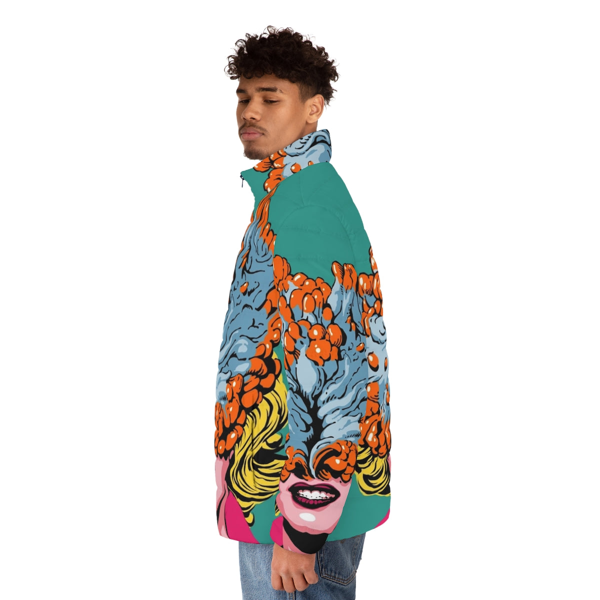 Pop art inspired puffer jacket featuring a cordyceps mushroom design - men side left