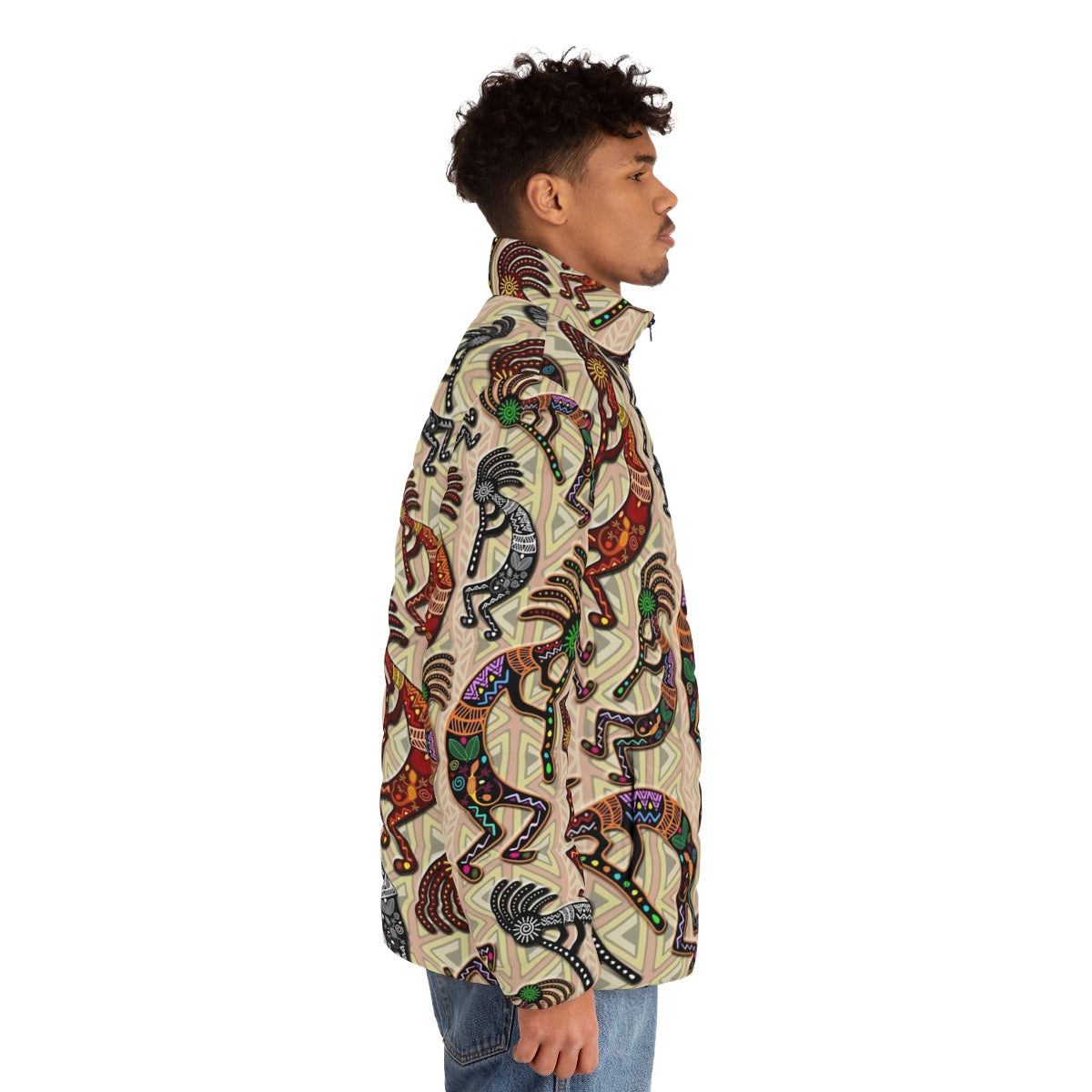 Kokopelli tribal pattern puffer jacket with native american mythological design - men side right