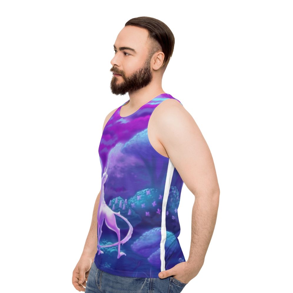 Unisex tank top featuring a minimalist design of the iconic unicorn from 'The Last Unicorn' - men side