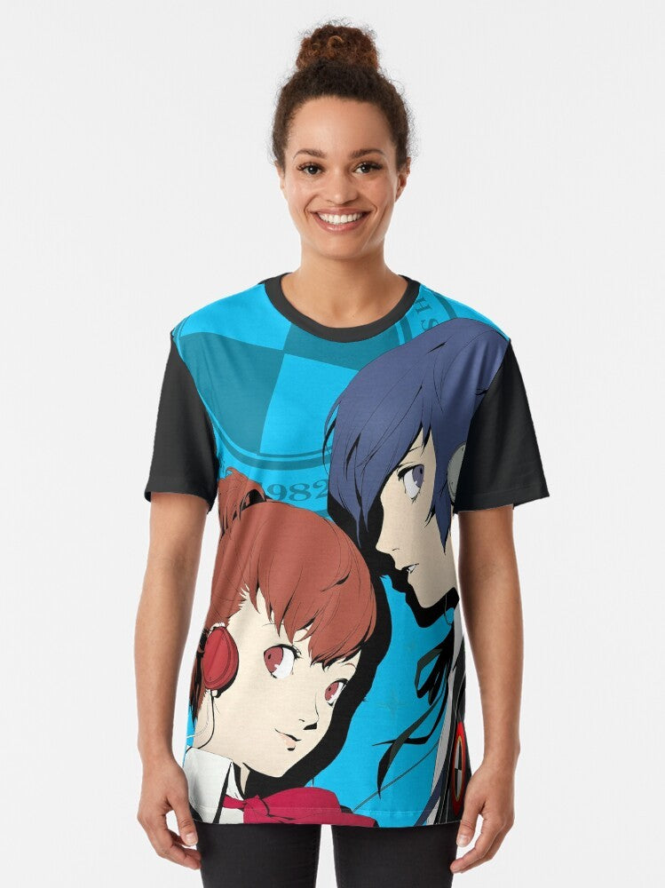 Persona 3 protagonist Special Edition 25th Anniversary graphic t-shirt featuring the main character from the popular video game series. - Women