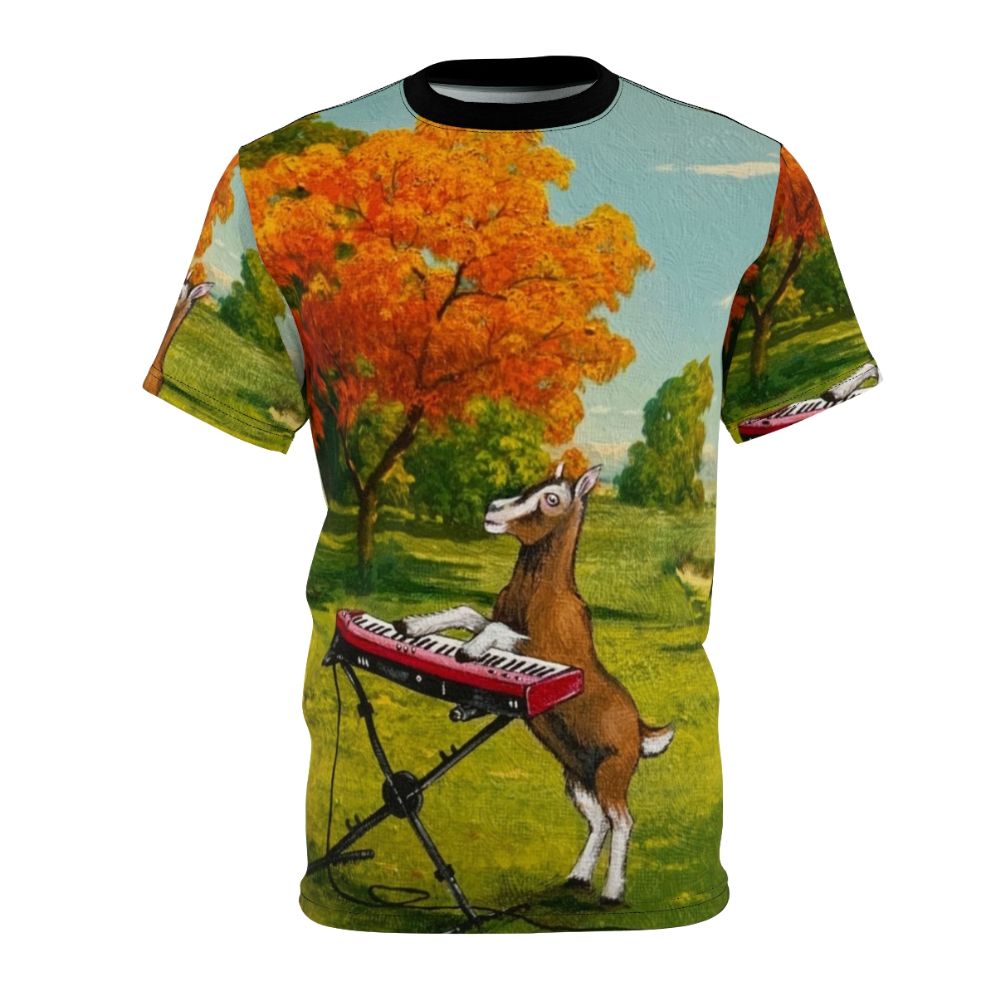 A t-shirt design featuring a goat playing a keyboard in a meadow, with the text "Practicing In The Meadow"