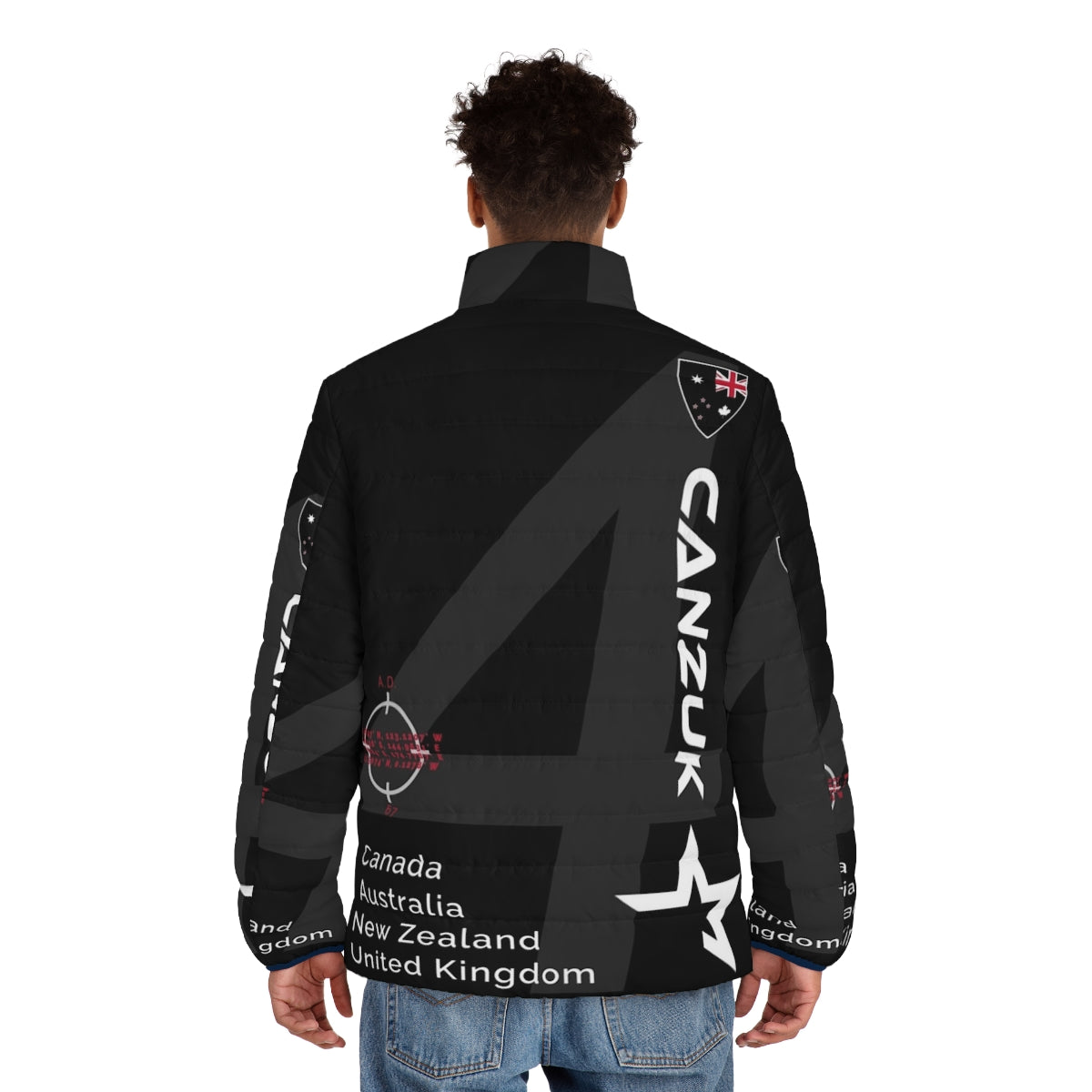 Canzuk Sports Design Puffer Jacket featuring the flags and coordinates of the international alliance - men back