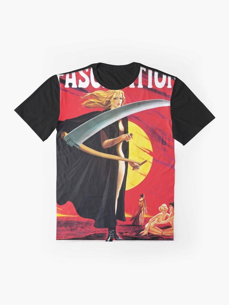 Graphic t-shirt featuring the iconic gothic horror imagery of Jean Rollin's filmography. - Flat lay