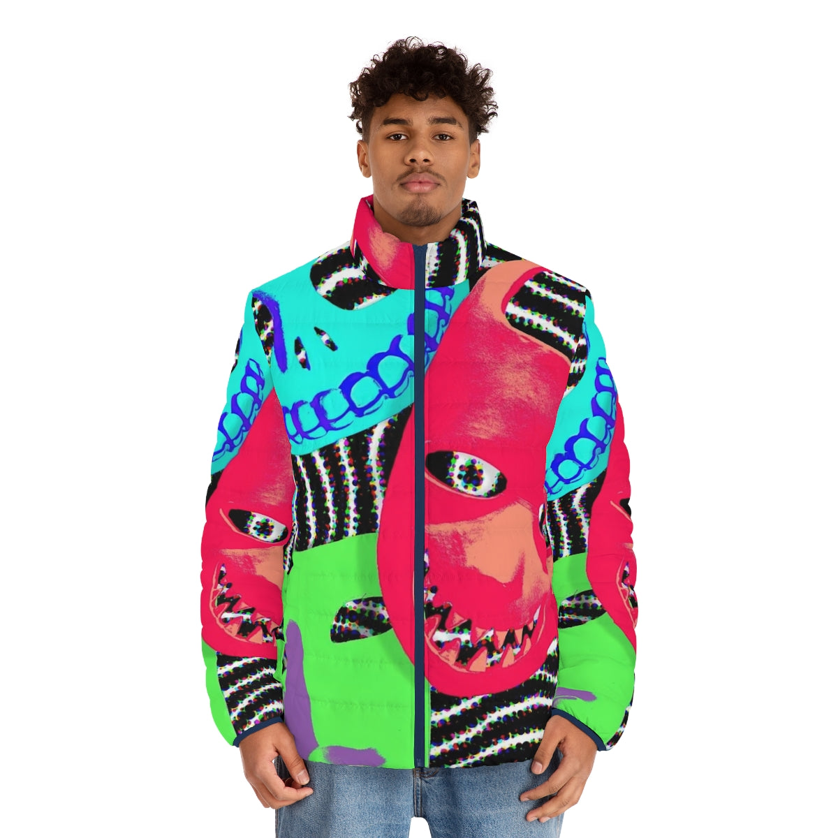 A stylish "Birds Of A Feather" puffer jacket featuring a spooky pop art design perfect for Halloween and Nightmare Before Christmas fans. - men front