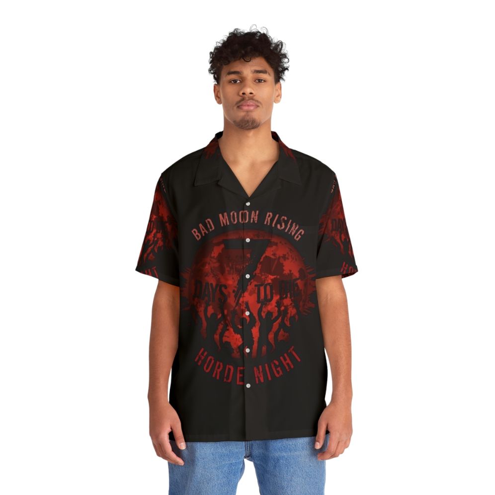 Bad Moon Rising 7 Days to Die Hawaiian Shirt featuring a zombie and moon design - People Front