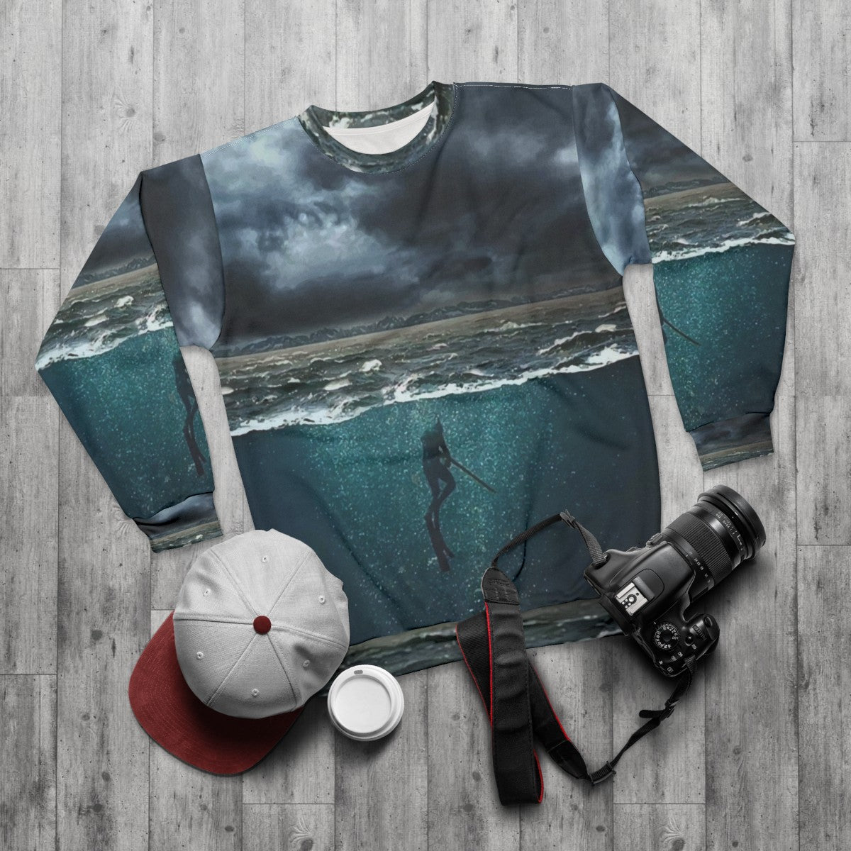 Spearfishing Sweatshirt for Underwater Fishing and Diving - flat lay