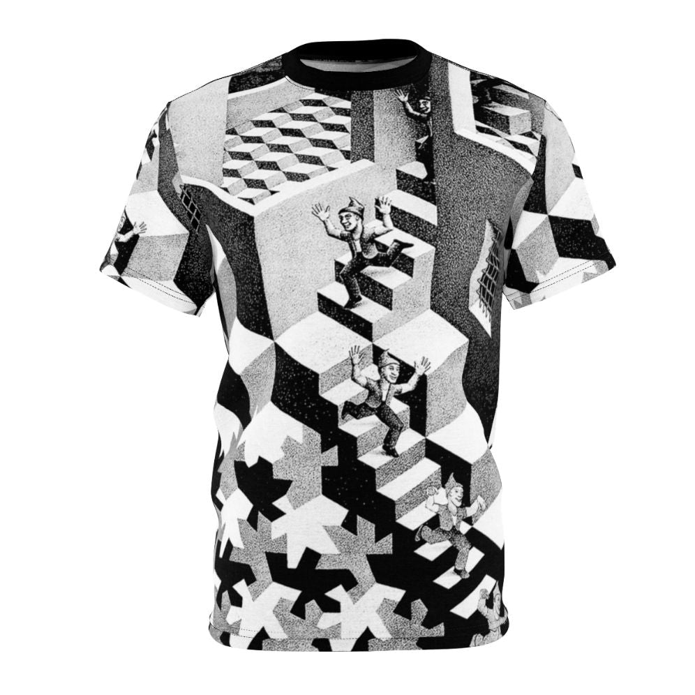 M C Escher inspired t-shirt featuring the artist's iconic surreal and cubist artwork