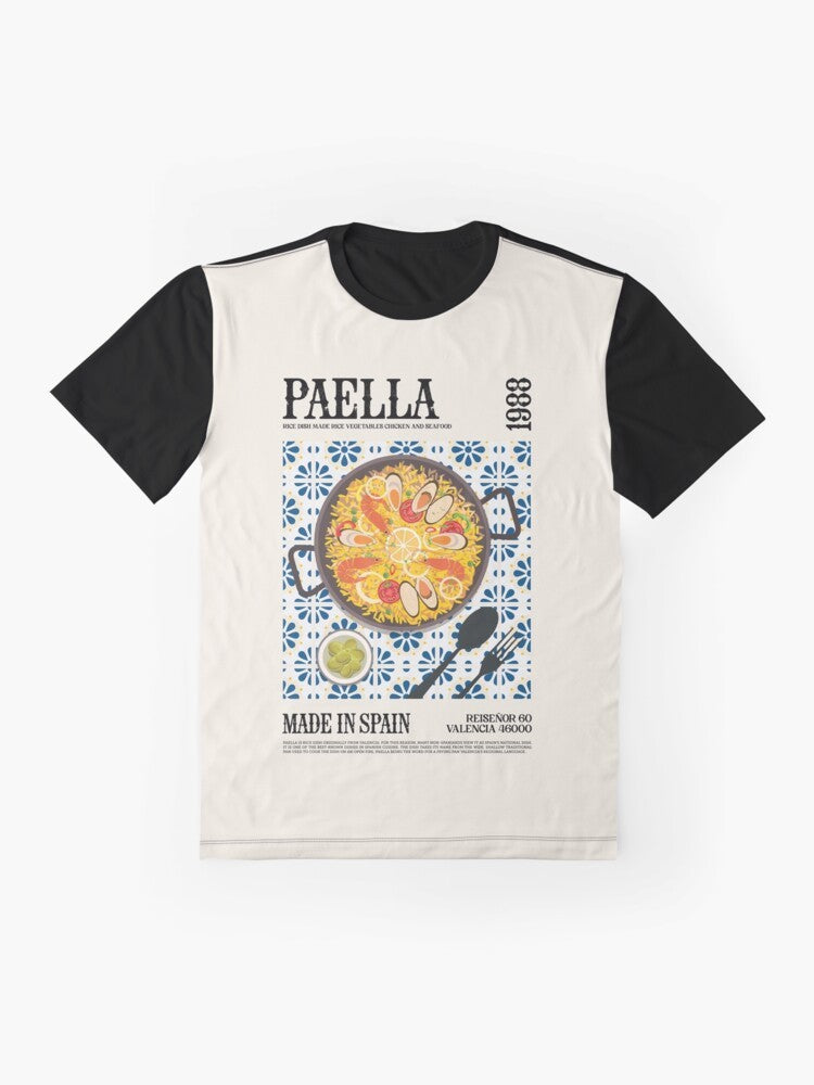 Colorful graphic t-shirt featuring a vibrant paella dish design - Flat lay