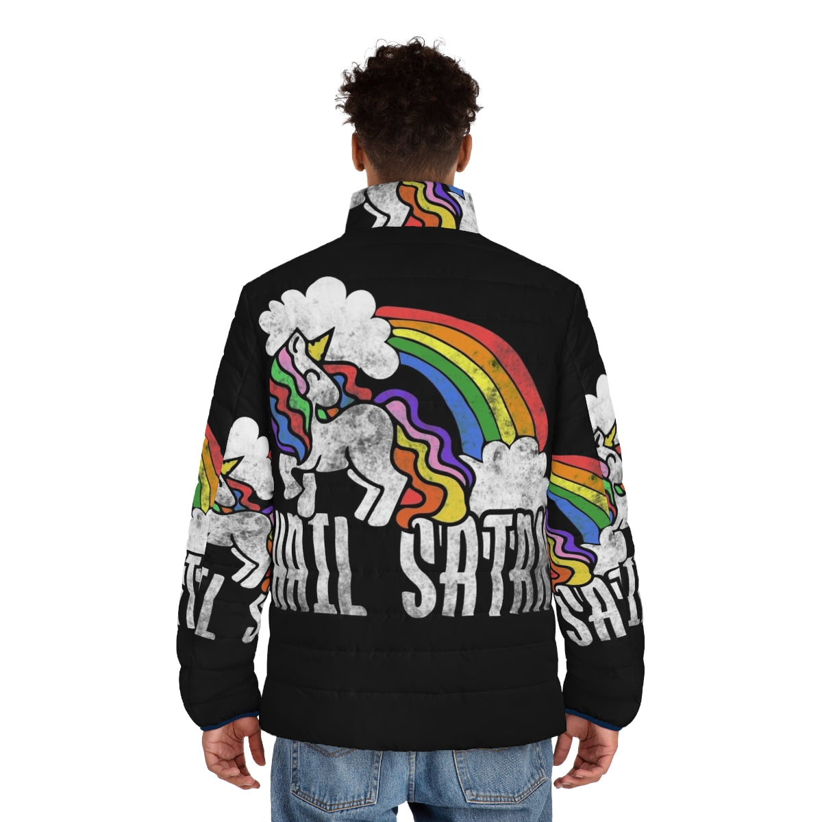 Retro rainbow unicorn puffer jacket with satanic design - men back