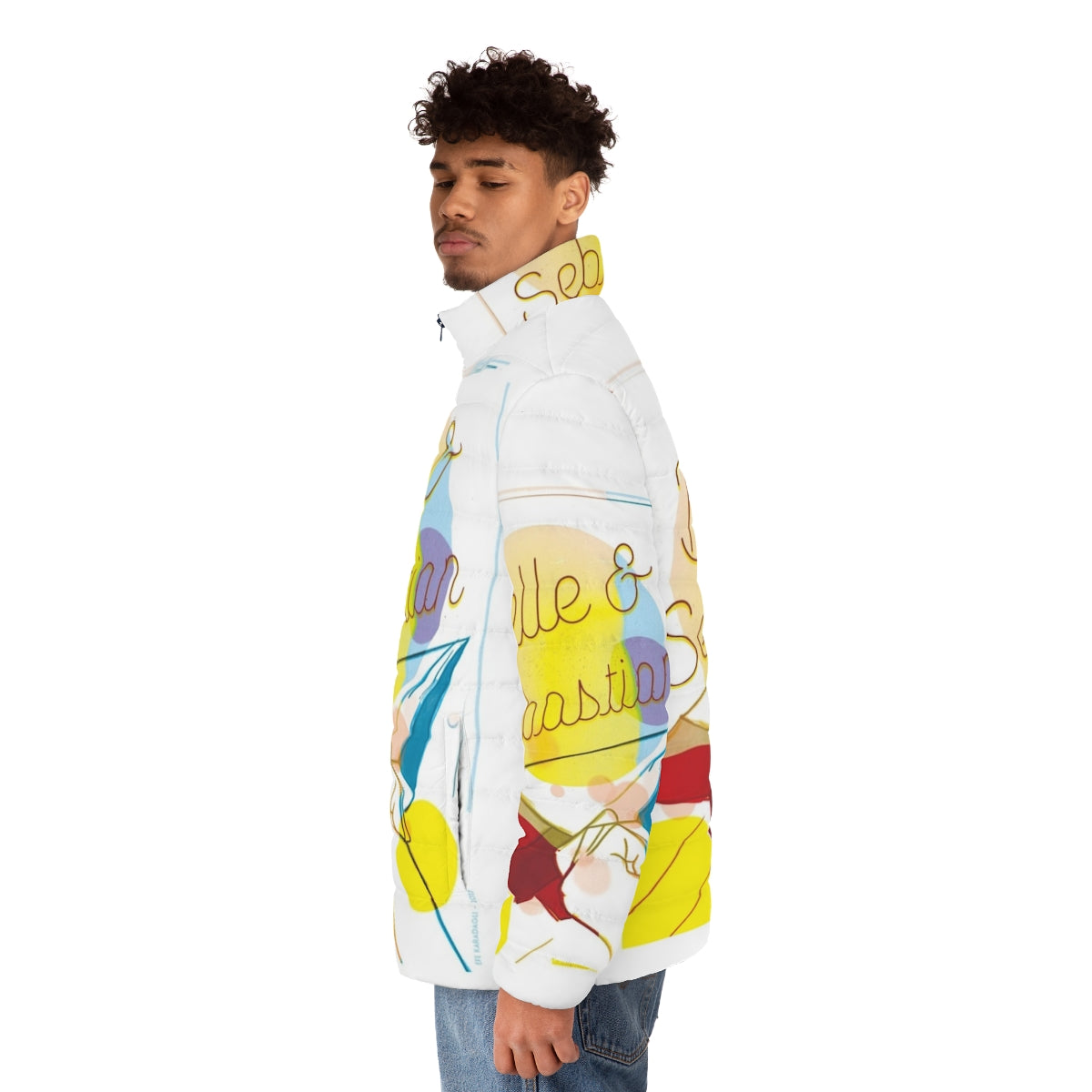 Vibrant puffer jacket featuring the iconic indie band Belle and Sebastian - men side left