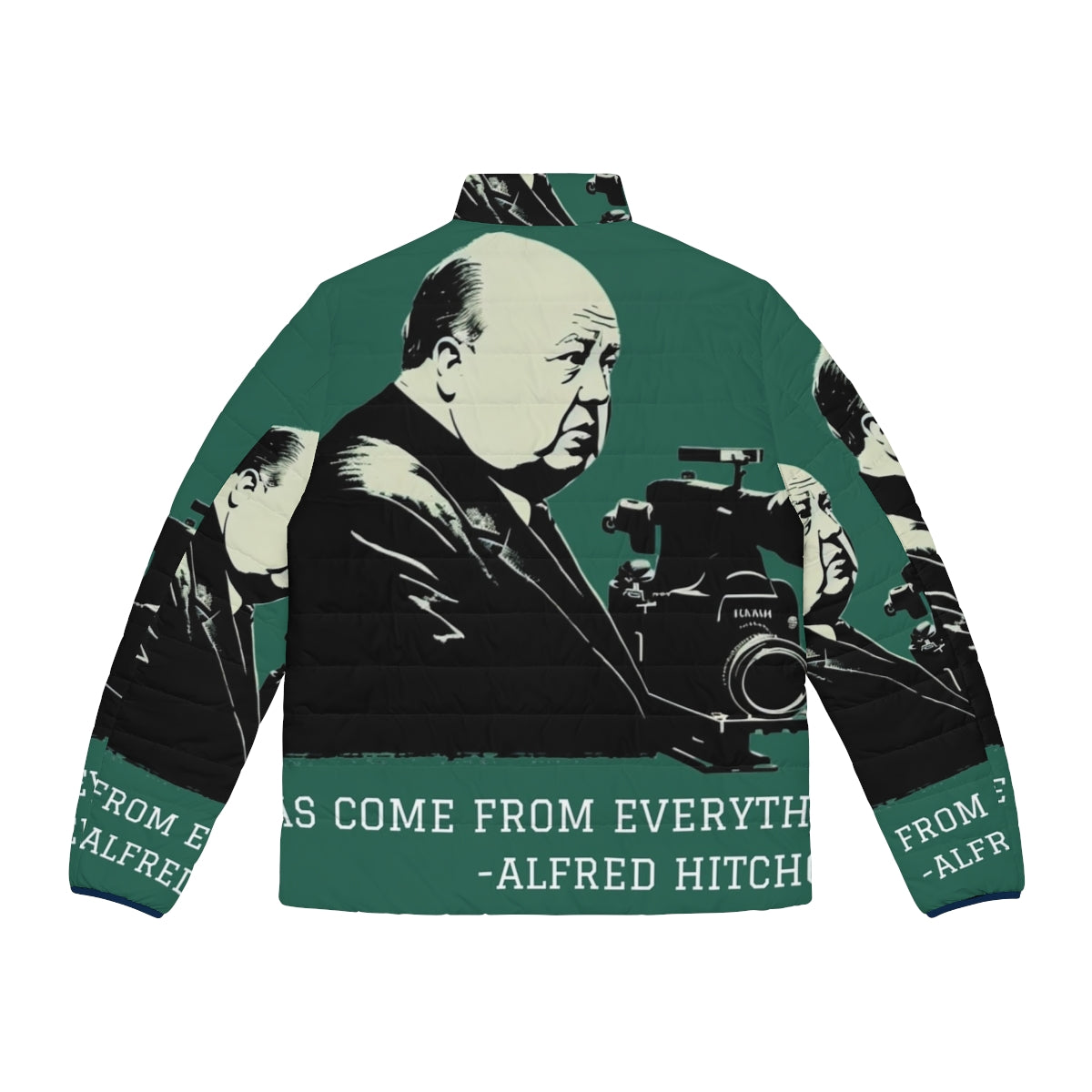 Alfred Hitchcock inspired puffer jacket with illustration - Back