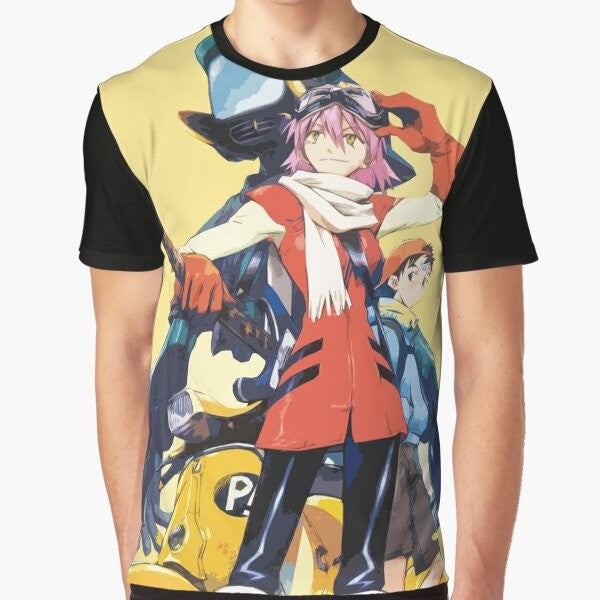 FLCL anime-inspired graphic t-shirt featuring the iconic FLCL logo and characters