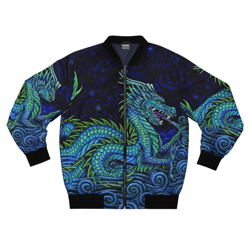 An image of a colorful bomber jacket featuring a vibrant, mythical azure dragon design.