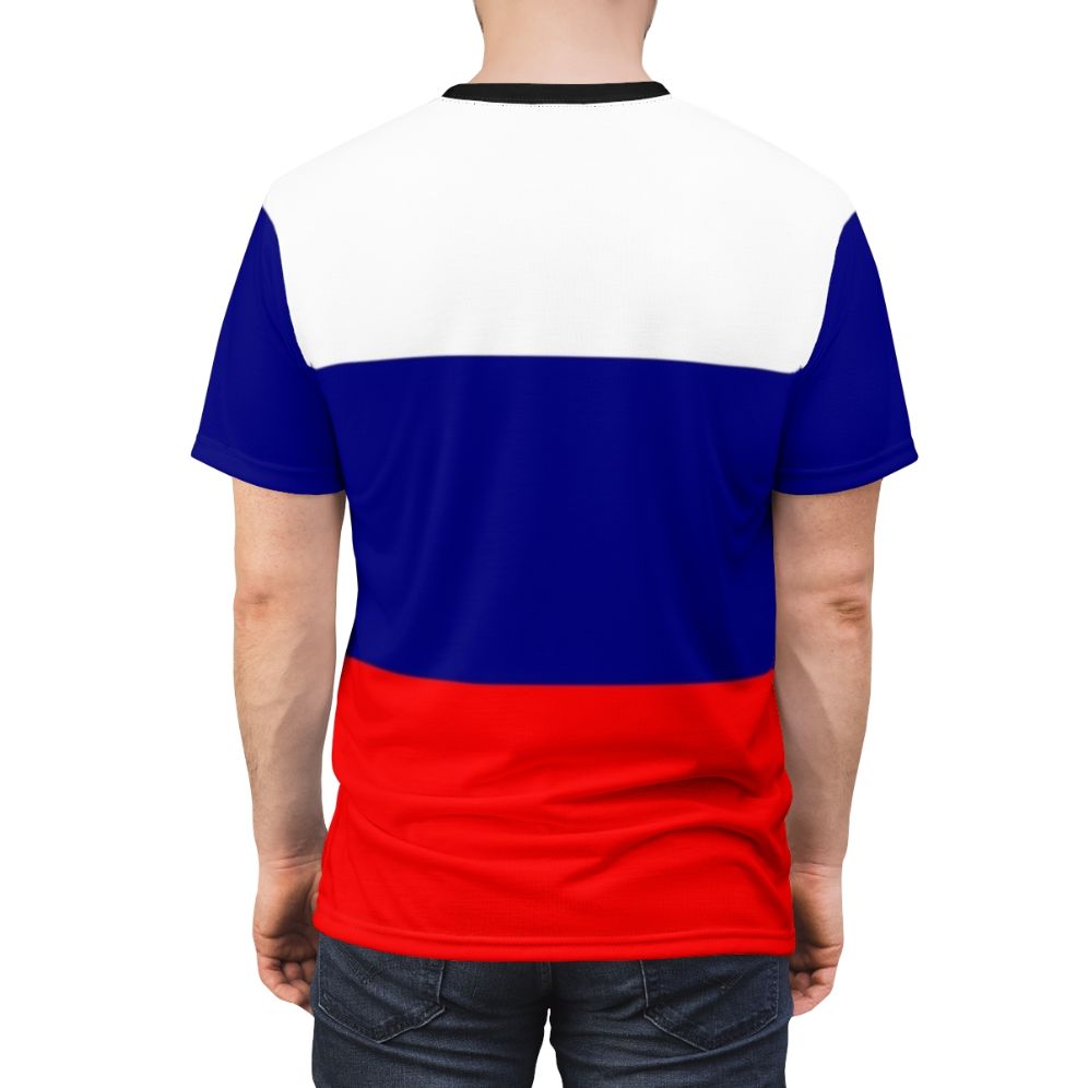 Vibrant Russian tricolor flag printed on a high-quality t-shirt - men back