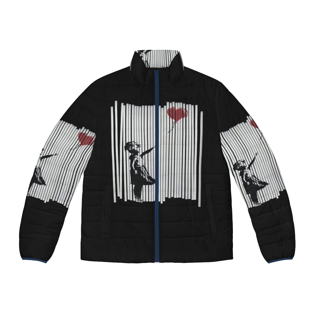 Banksy Shredded Balloon Girl Puffer Jacket with "Hey I Fixed It" Street Art Graffiti Design