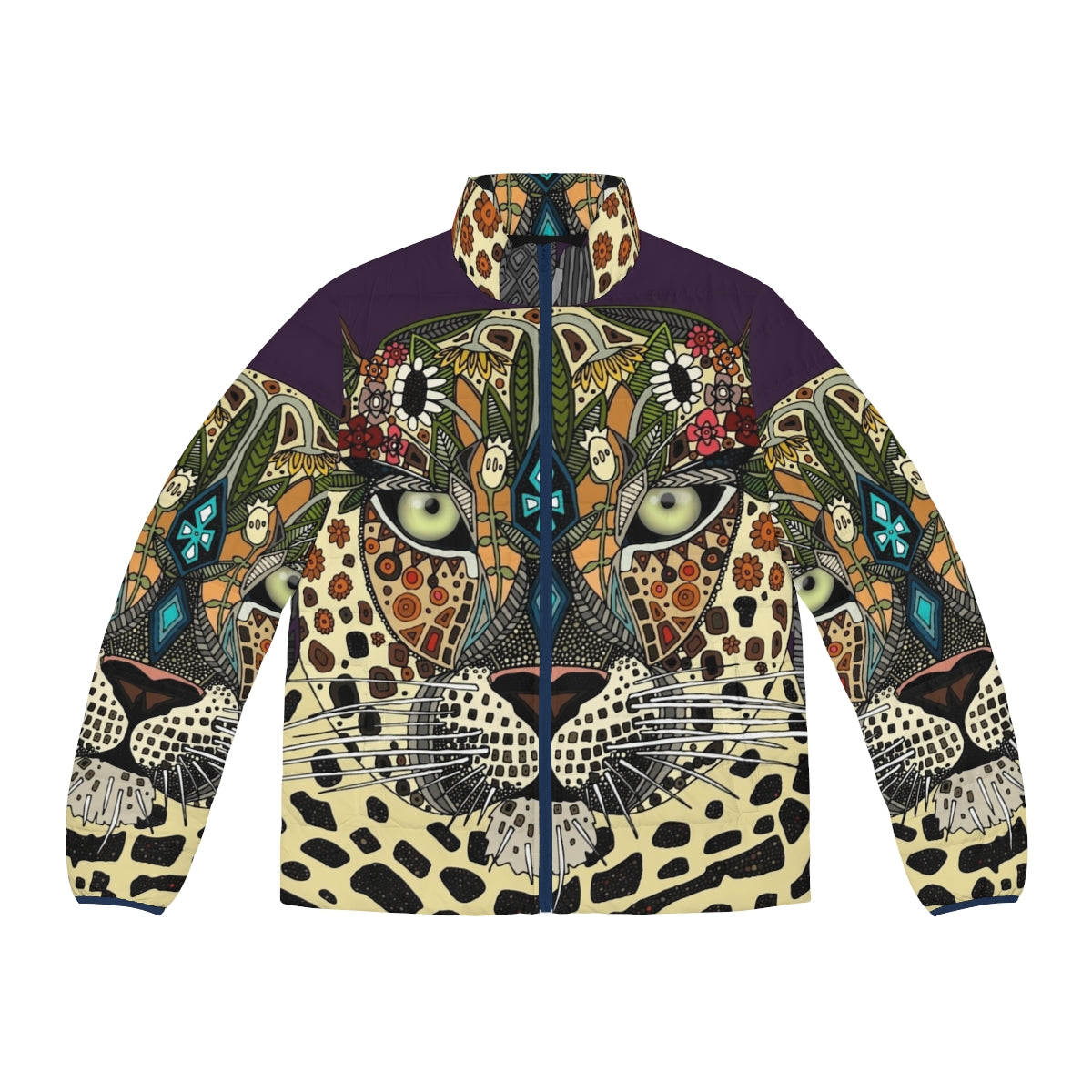 Leopard print puffer jacket with floral and botanical design