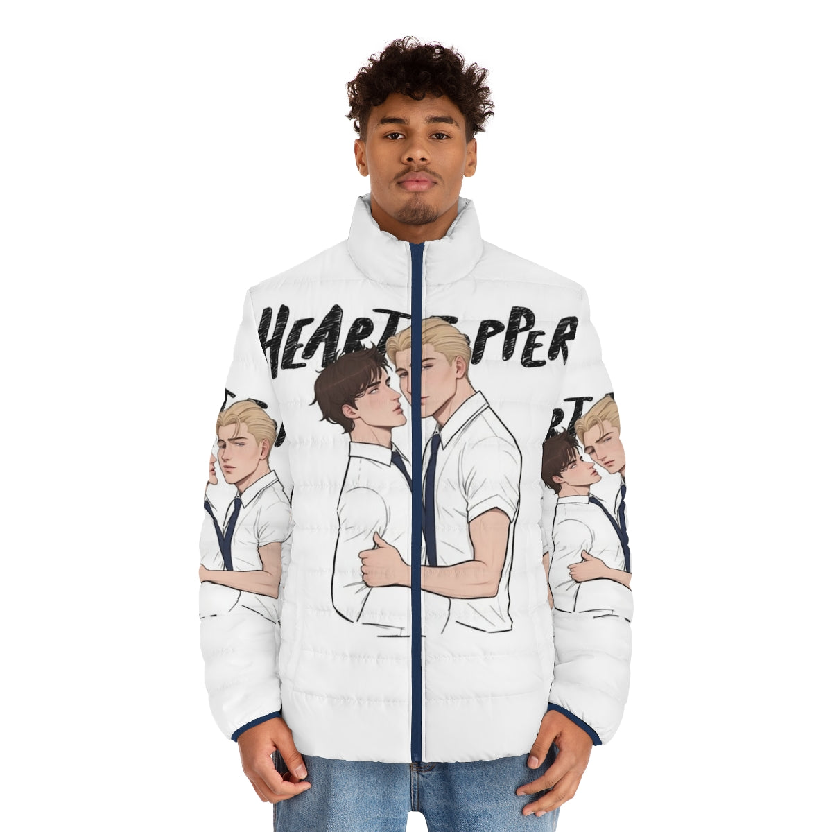 Heartstopper Nick and Charlie inspired puffer jacket featuring the characters from the hit Netflix series - men front