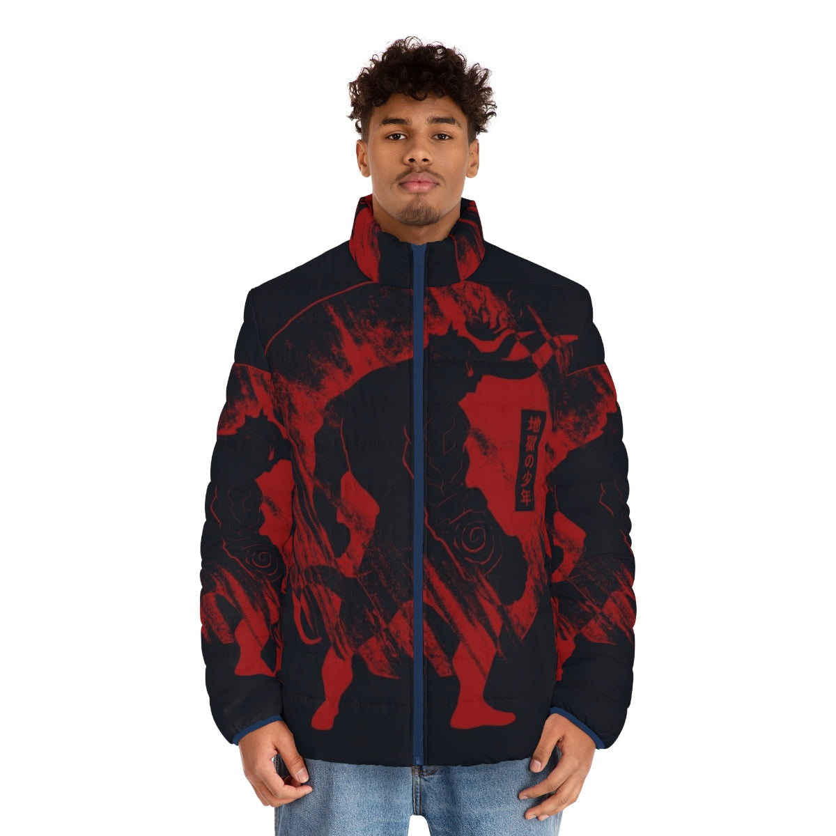 Hellboy inspired puffer jacket with a bold red and black design - men front