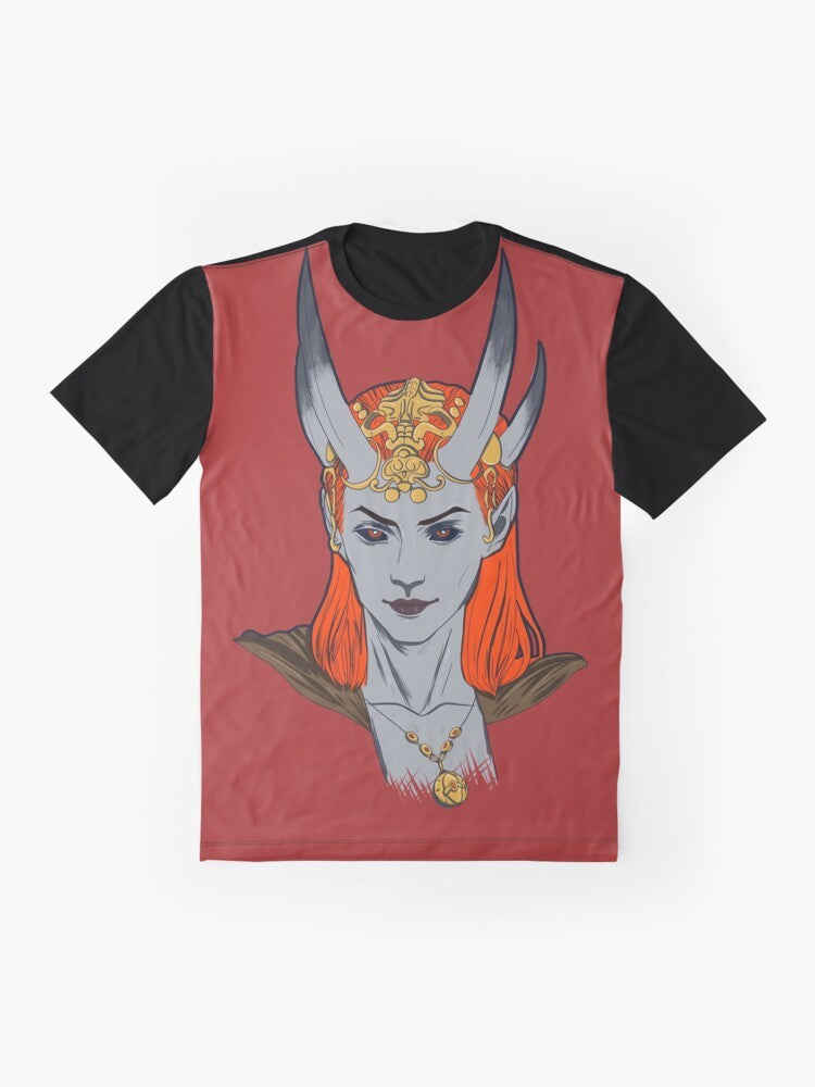 Mizora graphic t-shirt featuring a fantasy demon/cambion/tiefling character from the Baldur's Gate video game series. - Flat lay