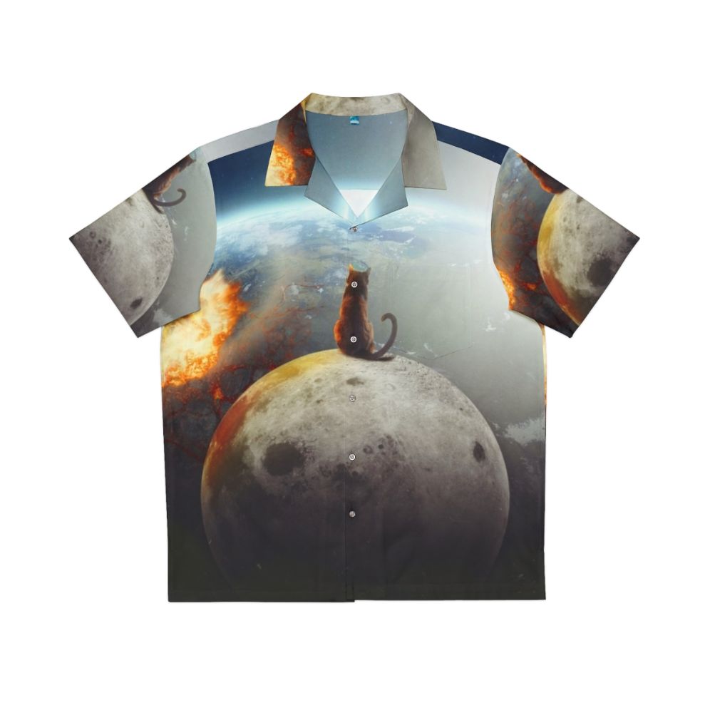 Celestial Cat Hawaiian Shirt with black cat, moon, and stars design