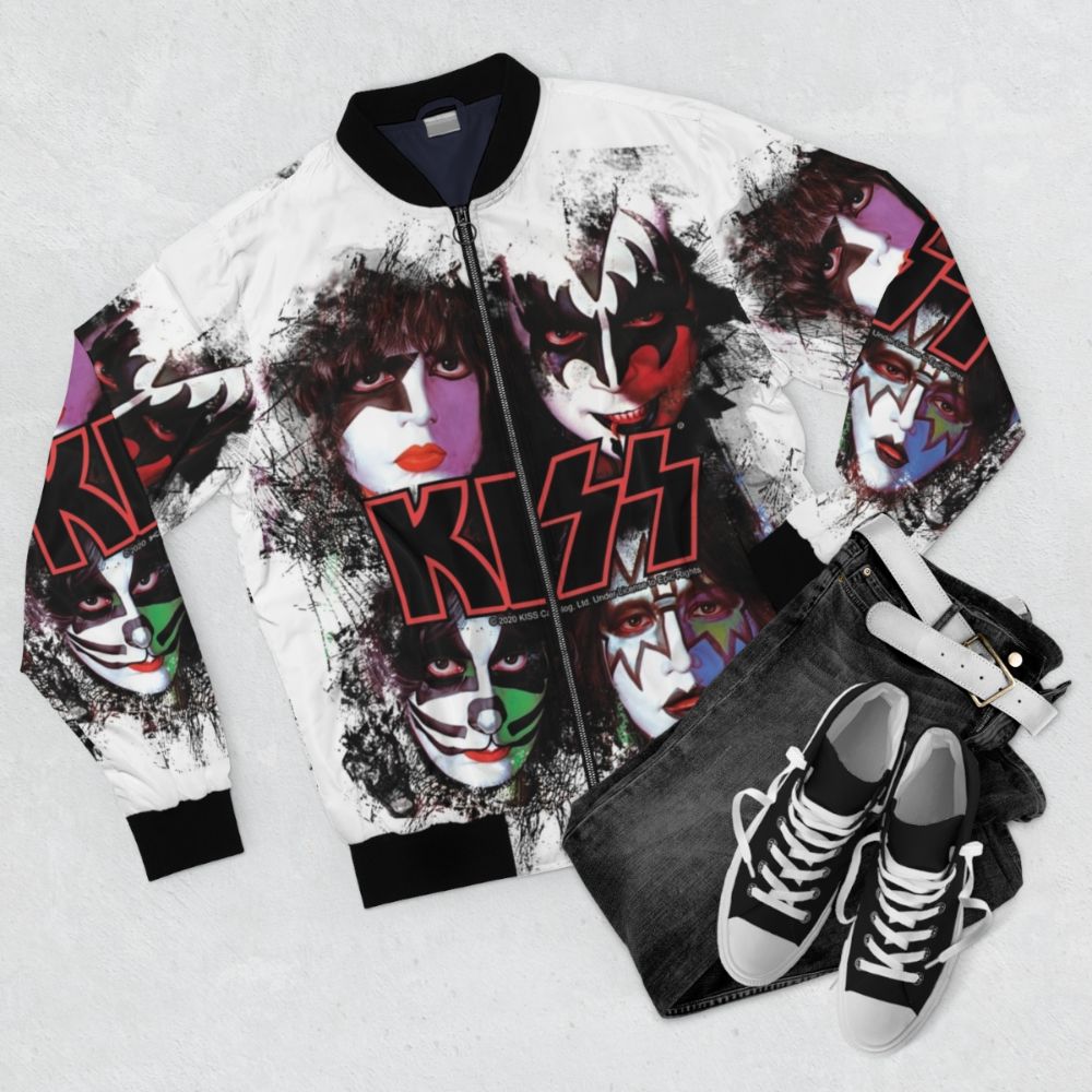 KISS ® bomber jacket featuring the iconic band members' faces in a brush effect design - Flat lay