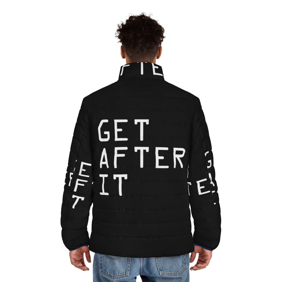 Motivational "Get After It" puffer jacket for workouts, sports, and outdoor adventures - men back