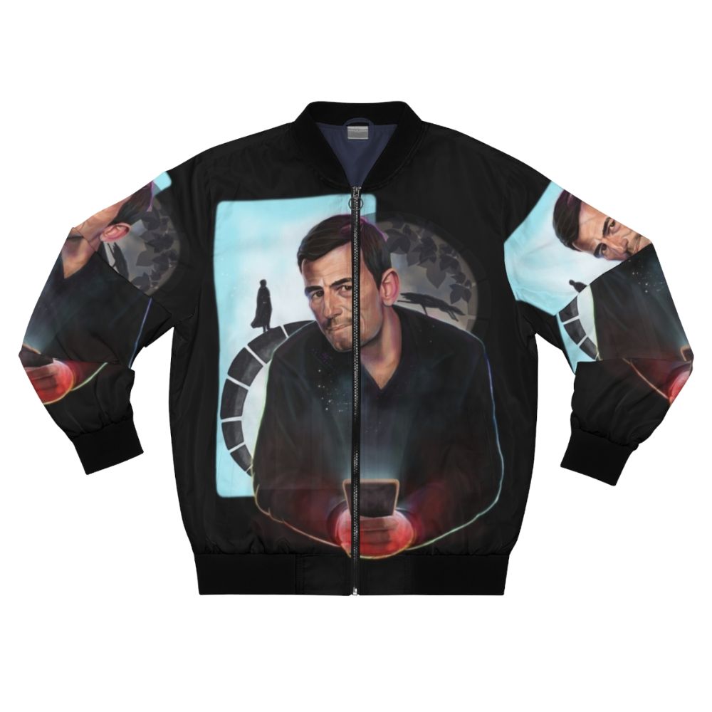 Dracula Transylvania bomber jacket featuring a hand-drawn painting of a dinner scene with the moon, vampires, and wolves