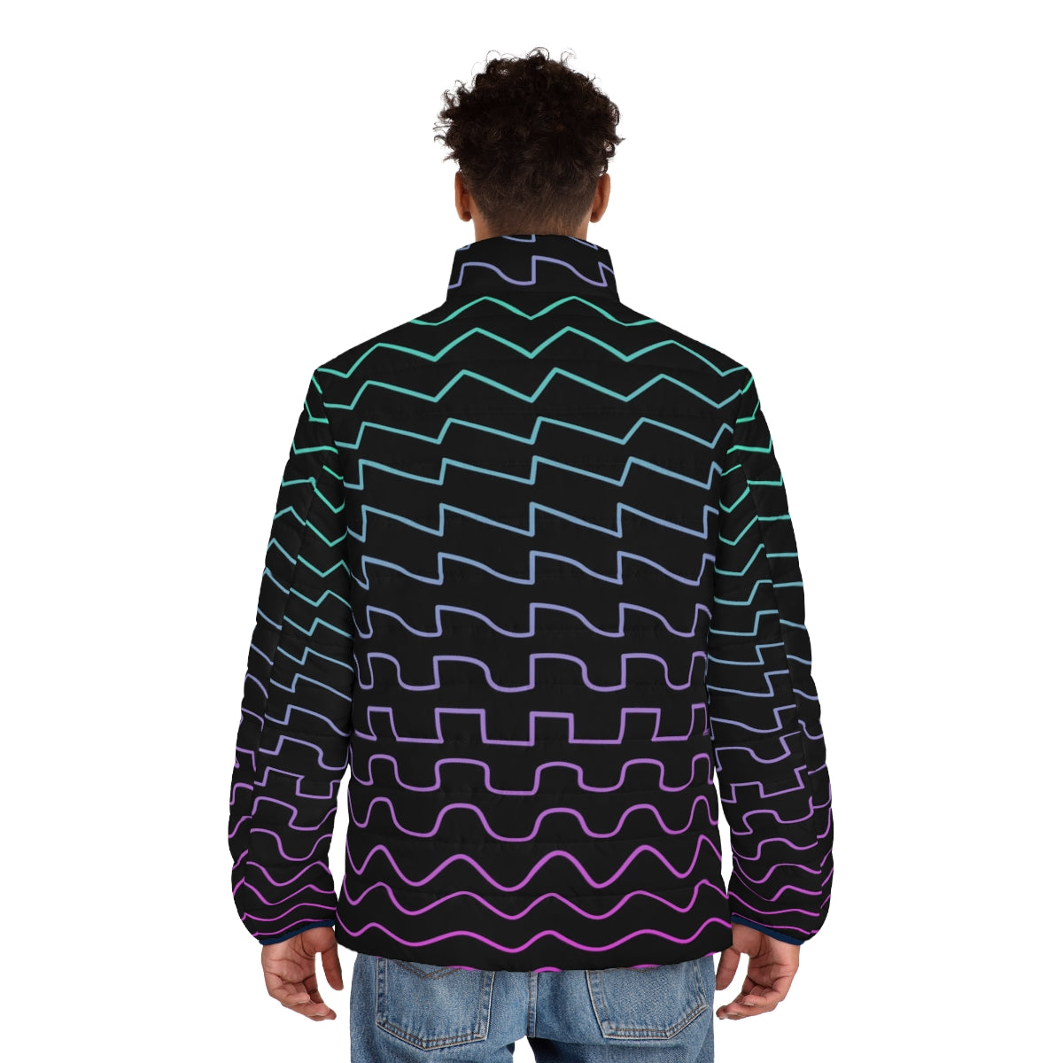 Puffer jacket featuring synthesizer waveforms design, perfect for electronic musicians and synth players. - men back