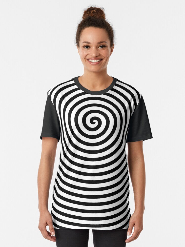 Black and white spiral graphic t-shirt with a trippy, hypnotic design - Women