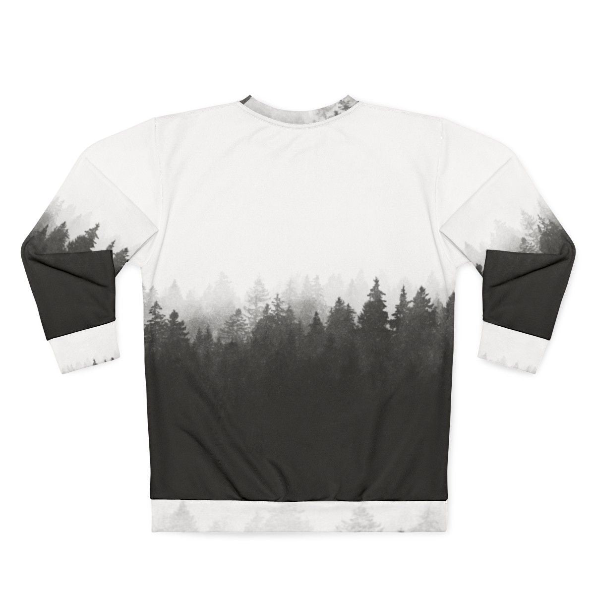 A person hiking in a foggy, forested landscape wearing a nature-inspired sweatshirt - Back