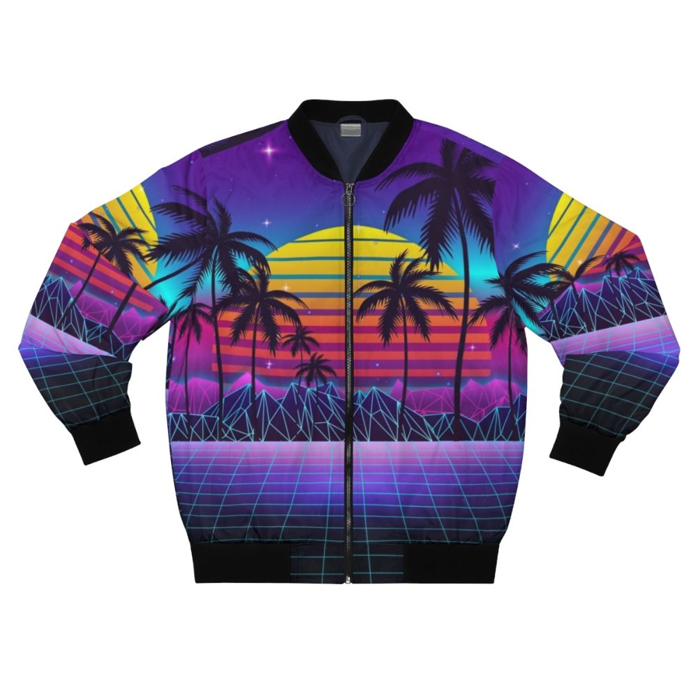 A stylish synthwave bomber jacket with a vibrant sunset aesthetic, featuring a retro futuristic design.