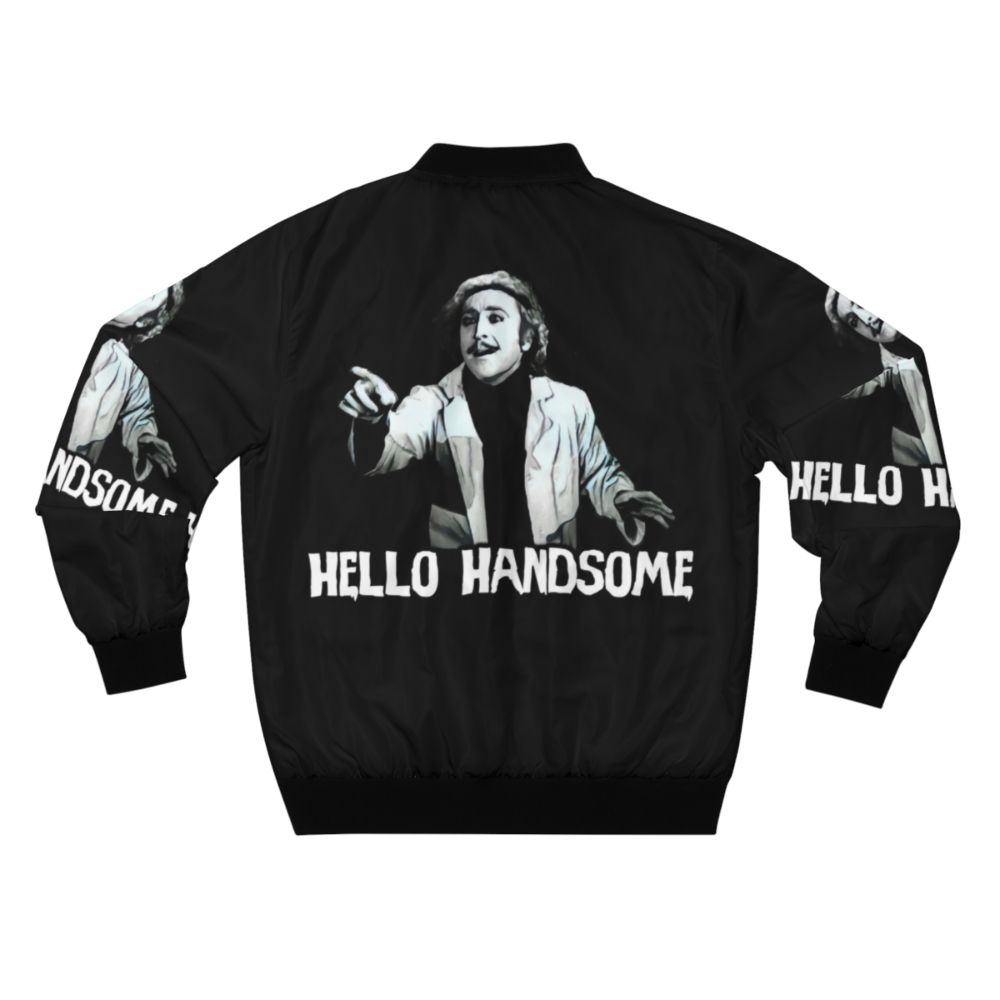 Retro 80s style bomber jacket featuring a Frankenstein and Mel Brooks pop art design - Back