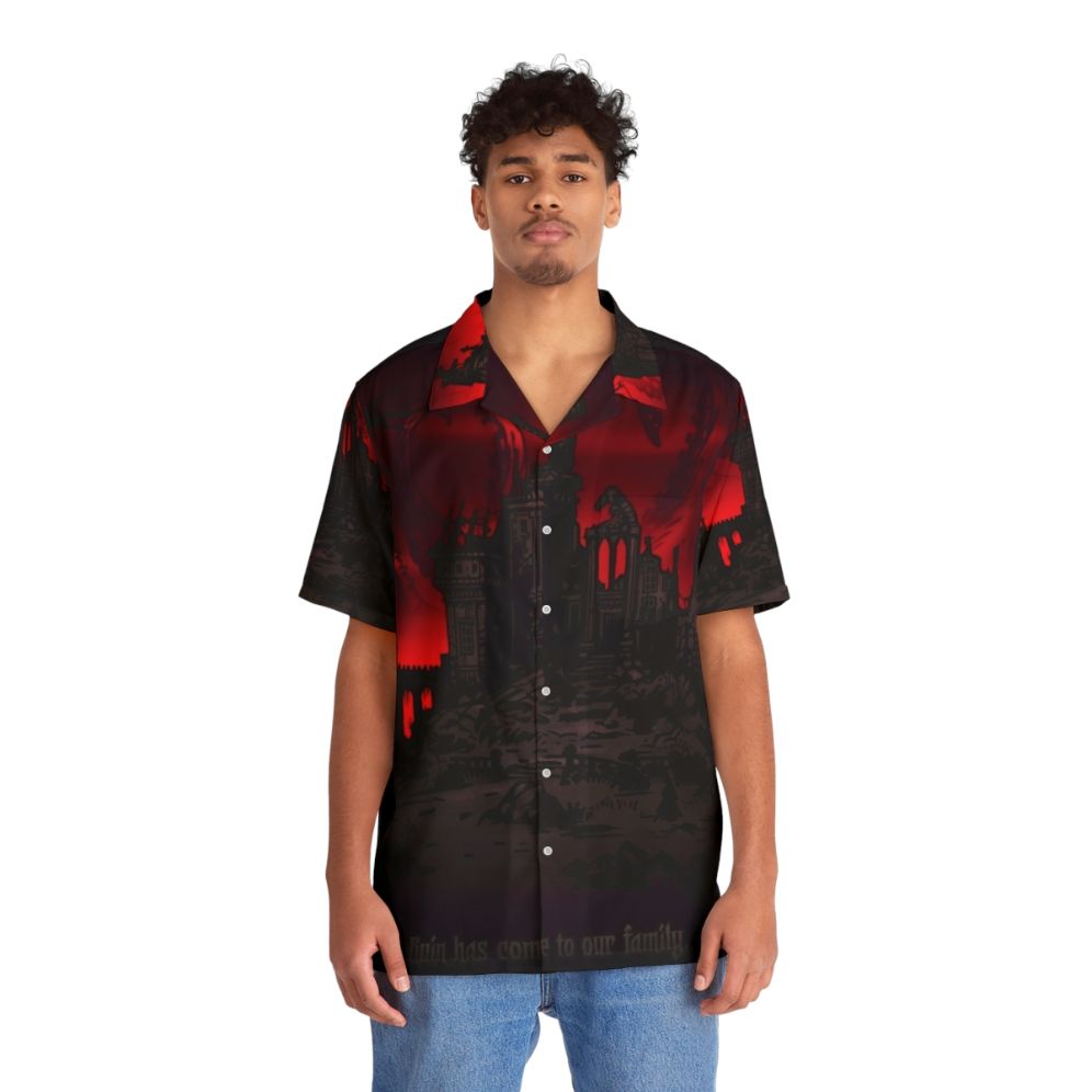 A dark and moody Hawaiian shirt with Lovecraftian and Gothic inspired designs, perfect for Darkest Dungeon fans. - People Front