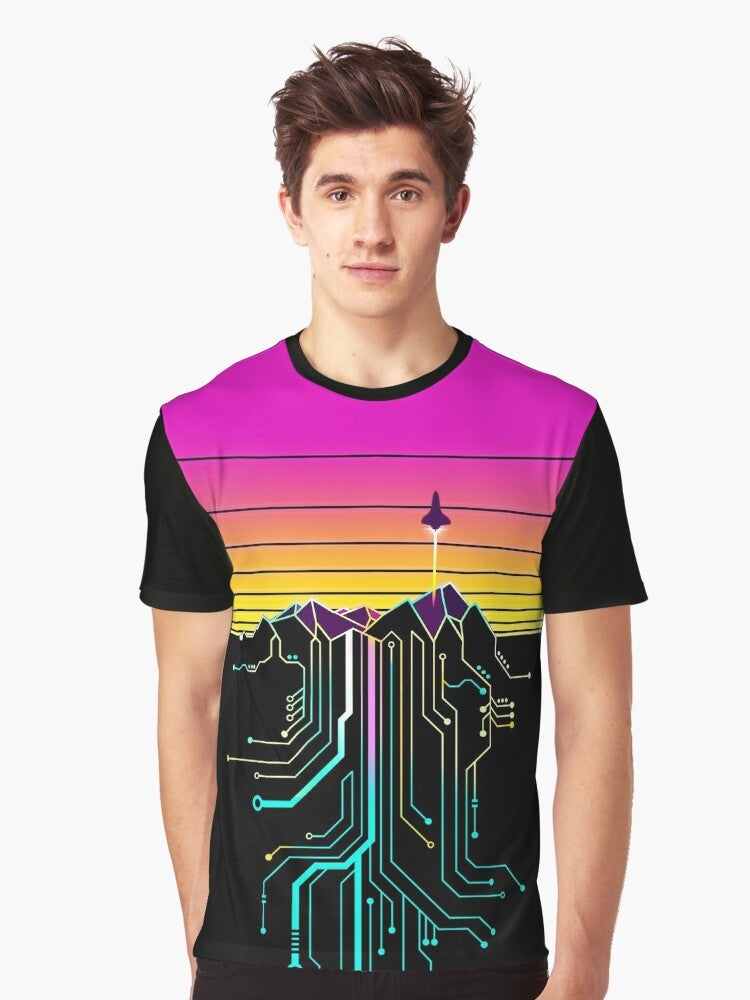 Synthwave mountain sunrise graphic design printed on a t-shirt - Men