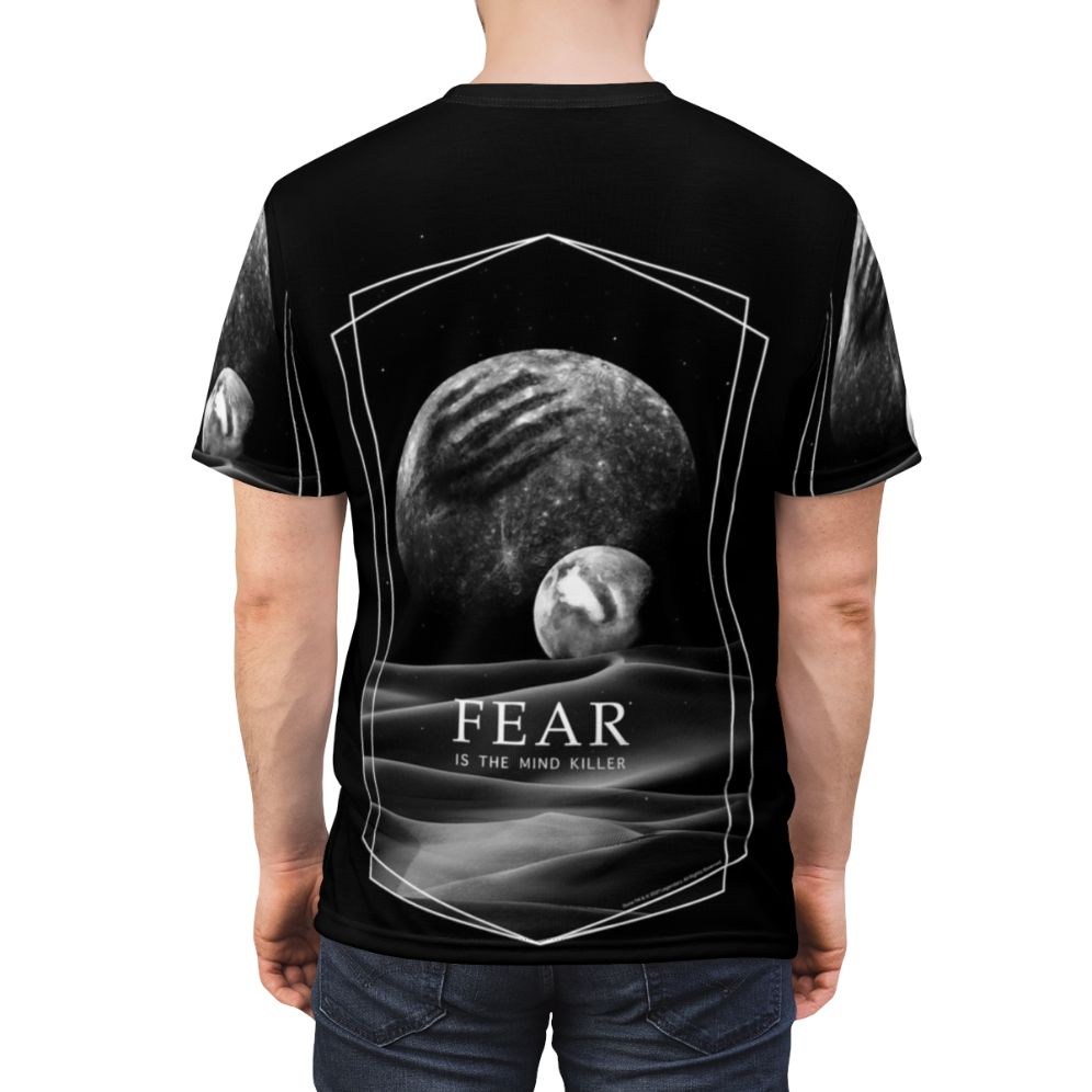 Dune inspired AOP T-shirt featuring the iconic "Fear is the mind killer" quote from the Dune franchise. - men back