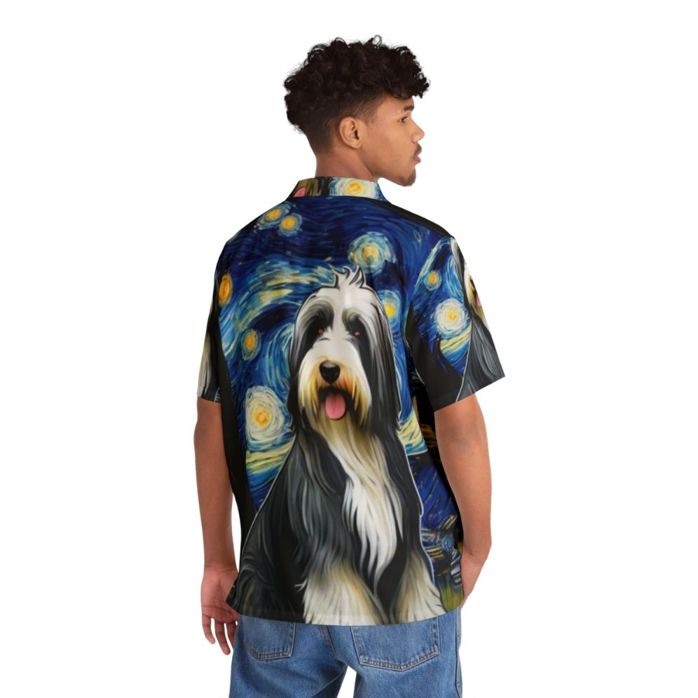 Bearded collie wearing a Hawaiian shirt with a starry night design - People Back