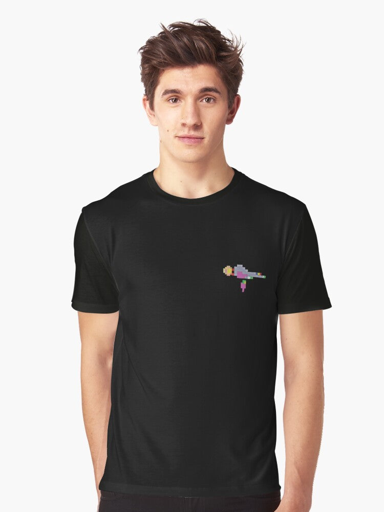 Retro-style graphic t-shirt featuring a defender spaceship carrying an astronaut - Men