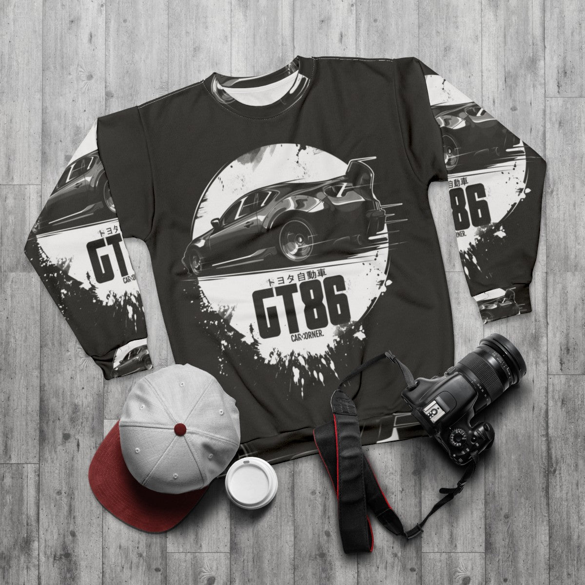 Toyota GT86 Sweatshirt with Automotive Graphic Design - flat lay