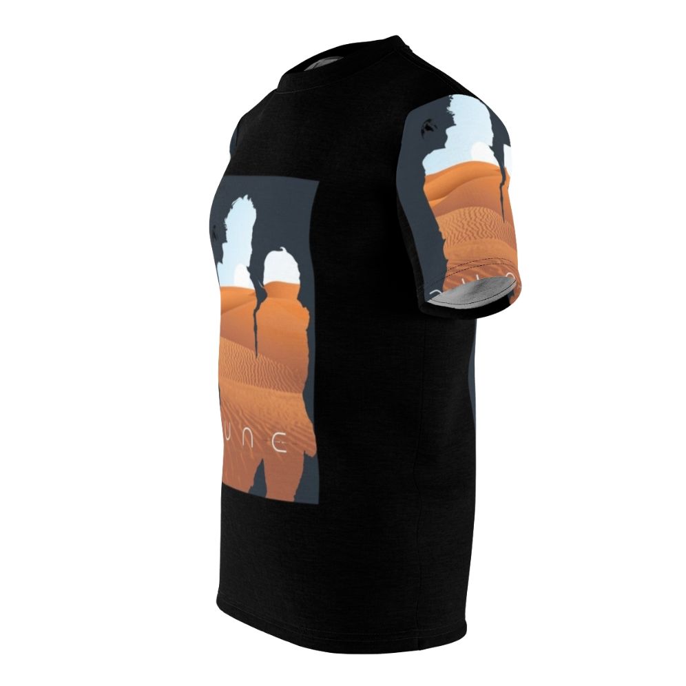 A high-quality all-over-print t-shirt featuring a dune landscape with the moons of Arrakis, inspired by the Dune science fiction series. - men left