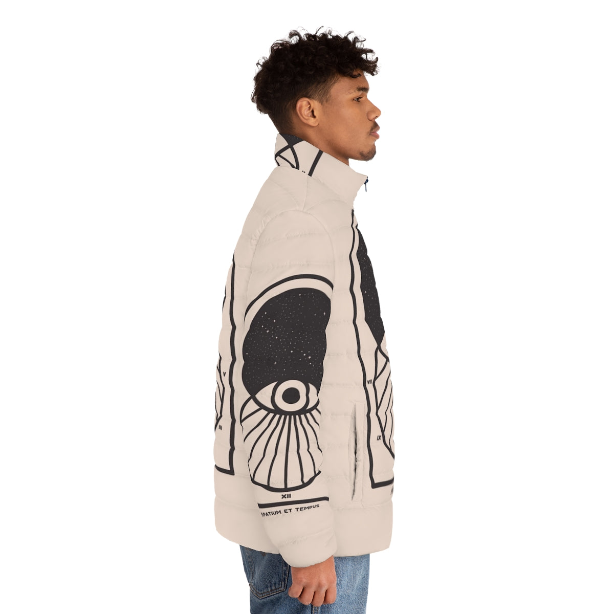 Futuristic space and time puffer jacket with minimalist art design - men side right