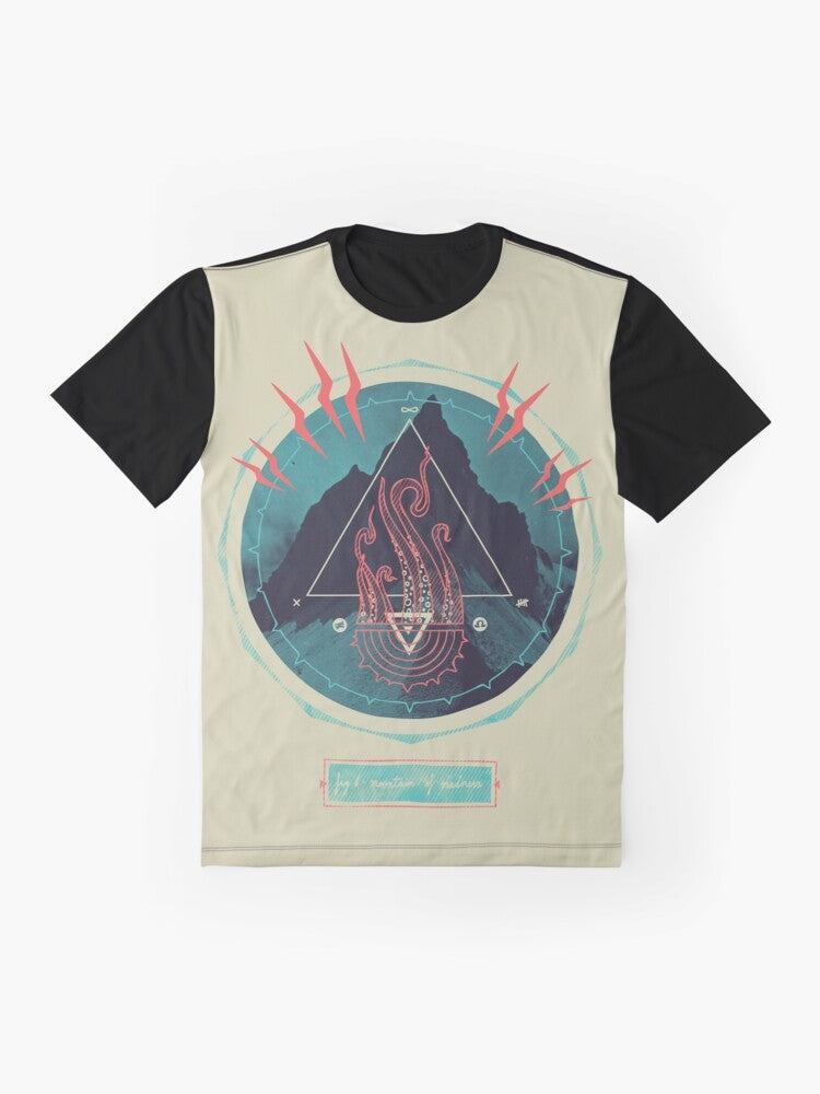 Graphic t-shirt featuring a Lovecraftian inspired mountain of madness design with lightning bolts, tentacles, and occult symbols. - Flat lay