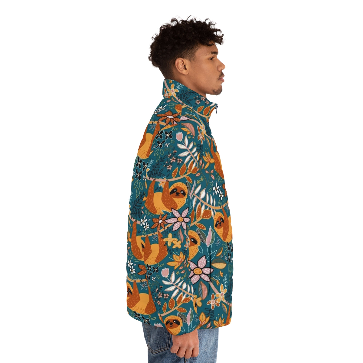 Boho Sloth Floral Puffer Jacket with a happy sloth and floral pattern in teal, orange, brown and blush colors - men side right