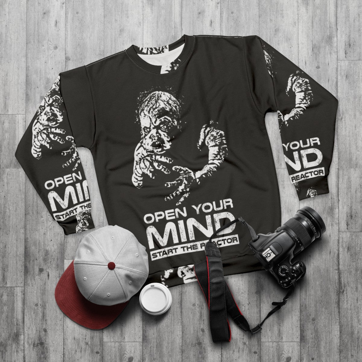 Open Your Mind Retro Sweatshirt Featuring 90s Sci-Fi Inspired Graphics - flat lay