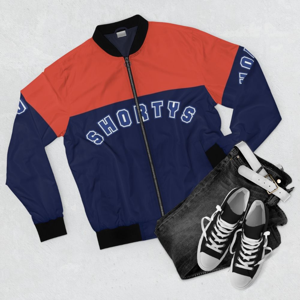 Wynonna Earp Shortys Logo Bomber Jacket, featuring the show's logo and characters - Flat lay