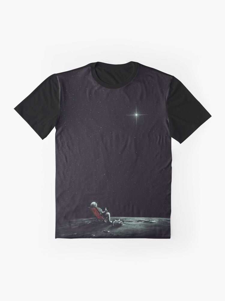 Stylish graphic t-shirt featuring a surreal space and astronomy-inspired design - Flat lay